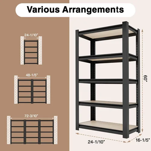 Miniatura 2 de WORKPRO Estantería negra de 5 niveles con tabla, 24.1 pulgadas de ancho x 16.2 pulgadas de profundidad x 60 pulgadas de alto, carga de 3000 libras