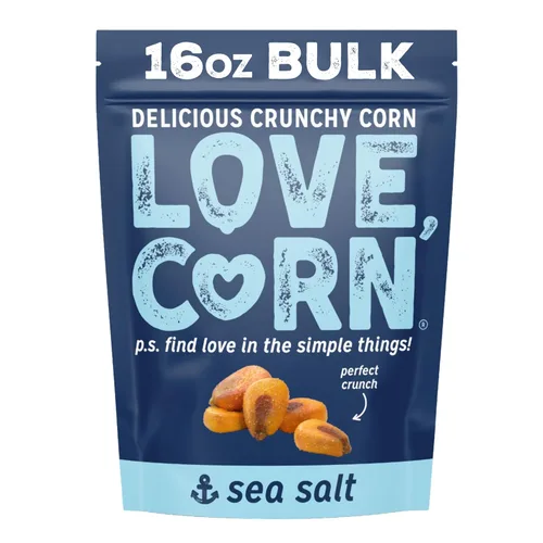 LOVE CORN Sal Marina 16oz x 1 Bolsa - Delicioso Maíz Crujiente - Aperitivos Familiares Saludables - Sin Gluten, Kosher, Sin OGM - Alternativa para