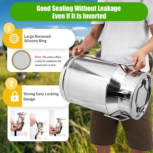Miniatura 6 de Lata de leche de acero inoxidable de 30L/7.9 galones con tapa, cubo de leche resistente con mango ergonómico y tapa hermética, recipiente sólido