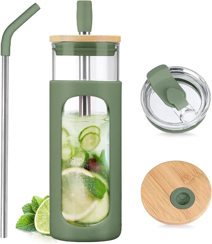 Miniatura 30 de Kodrine Vaso para agua de vidrio de 20 onzas con popote y tapa, botella de agua con tapas de bambú, taza para café helado, reutilizable, boca ancha