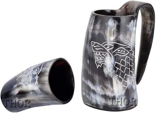 Taza vikinga de cuerno de buey para beber, vaso de chupito, auténtica, hidromiel y cerveza, jarra vintage con asa, diseño de lobo/fenrir | acabado