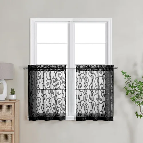 OWENIE Furman - Juego de 2 paneles de cortinas traslúcidas negras de 24 pulgadas de largo, cortinas semitransparentes de jacquard ligeras y aireadas