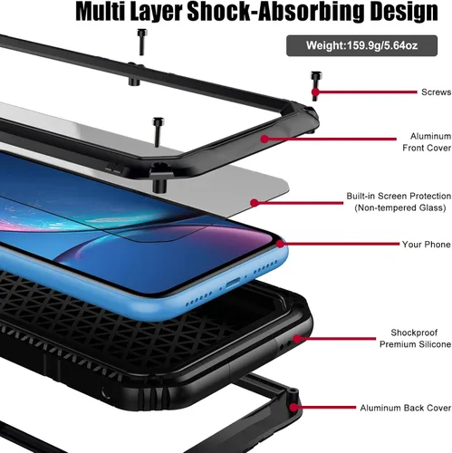 Miniatura 5 de Beasyjoy Funda metálica para iPhone XR, resistente al agua, con protector de pantalla integrado, protección de cuerpo completo, a prueba de golpes