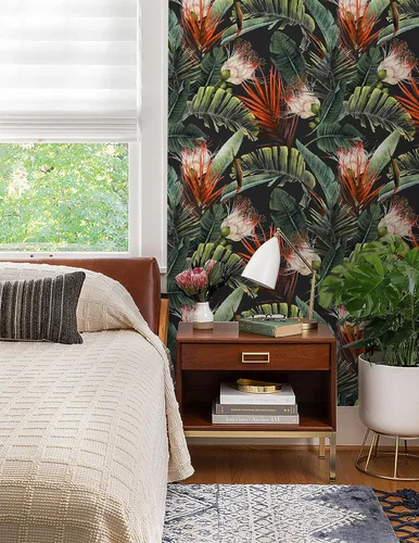 Miniatura 2 de HAOKHOME Papel tapiz removible con diseño floral de selva para despegar y pegar, papel de pared de vinilo negro/verde/rojo, papel de contacto, 17.7
