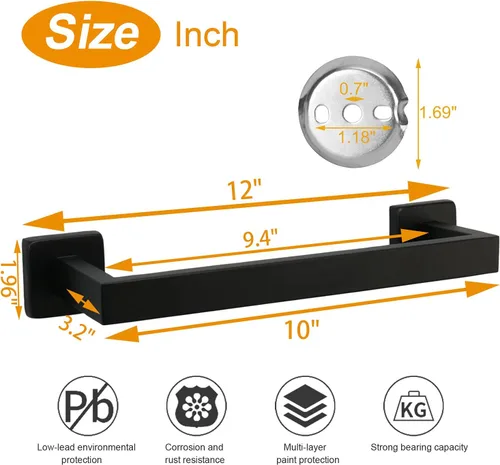 Miniatura 2 de TocTen Toallero de Baño - Base Cuadrada Engrosada SUS304 Barra de Toallas de Acero Inoxidable para Baño, Accesorios de Baño Varilla de Toallas