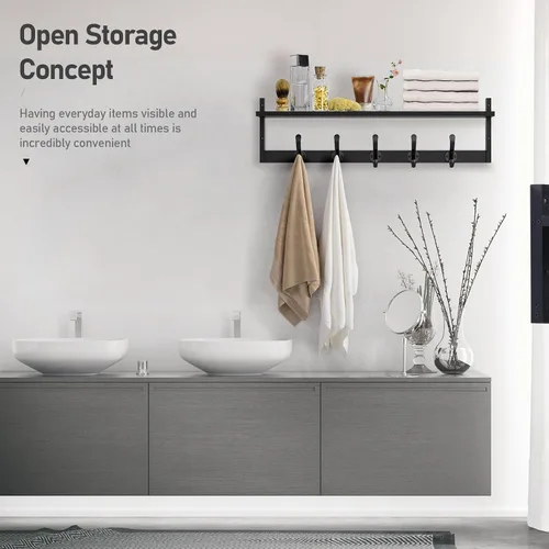Miniatura 5 de Tatub Perchero de pared de 29 pulgadas con estante, ganchos de pared de madera con almacenamiento, estante de entrada con 5 perchas para baño, sala