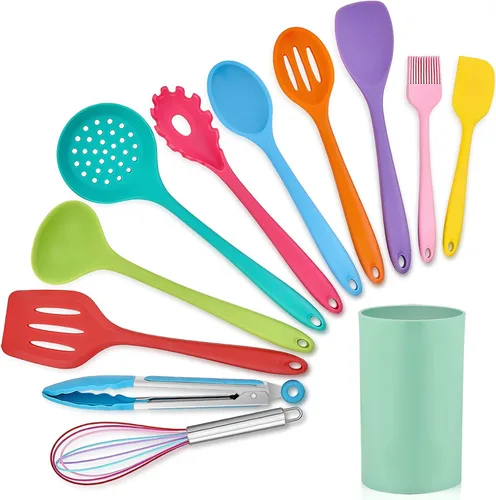 LIANYU Utensilios de cocina de silicona de 12 piezas con soporte, juego de herramientas de cocina incluye espátula ranurada, cuchara, cucharón,