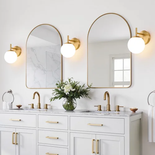 Miniatura 4 de Juego de dos apliques de pared dorados, paquete de 2 lámparas de baño de oro cepillado con vidrio de globo blanco lechoso, apliques modernos