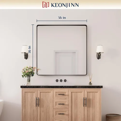 Miniatura 8 de Keonjinn Espejos de baño negros para sobre el fregadero, espejos cuadrados grandes de 36 x 36 pulgadas para pared, espejo rectangular redondeado