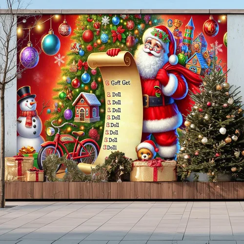 Miniatura 6 de HOMETITUTE Pancarta de Navidad de Papá Noel 8 x 6 pies Lista de Regalos Telón de Fondo Fiesta Navideña Fondo Árbol Muñeco de Nieve Bicicleta