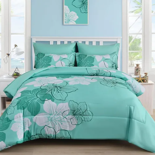 Miniatura 27 de Luxudecor Juego de edredón azul marino, tamaño Queen, 7 piezas de cama en una bolsa, juego de edredón floral azul marino y juego de sábanas, juego