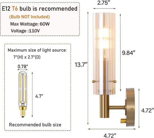 Miniatura 4 de BYOLIIMA Apliques de pared modernos con pantallas de vidrio ámbar a rayas, latón cepillado dorado, lámparas de tocador de baño, interruptor