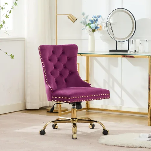 Miniatura 2 de Silla de oficina en casa de terciopelo con base de metal dorado y ribete de cabeza de clavo, moderna silla de trabajo tapizada giratoria tapizada