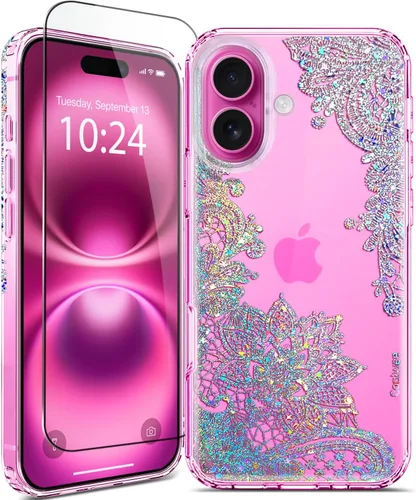 Funda para iPhone 16, con protector de pantalla, linda para mujeres y niñas, funda protectora de grado militar de 10 pies para iPhone 16, funda de