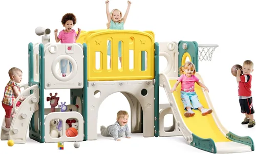 MOCUTEEN Juego de escalador y tobogán 8 en 1 para niños pequeños con aro de baloncesto - Zona de juegos para interiores y exteriores, centro de Verde