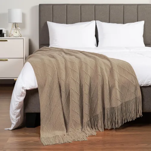 Miniatura 2 de PAVILIA Manta de punto marrón claro para sofá, cama individual, cobija suave de estilo granja para sofá del salón, ligera decorativa para otoño