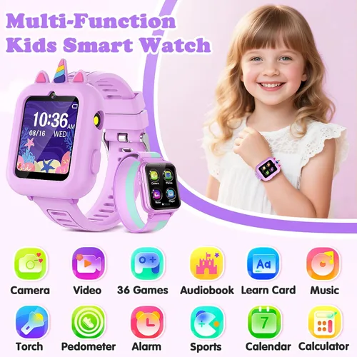Miniatura 2 de Reloj Inteligente para Niñas Regalo de 3-12 Años con 39 Juegos Despertador Cámara Video Reproductor de Música Podómetro Linterna 12/24 hr Pantalla