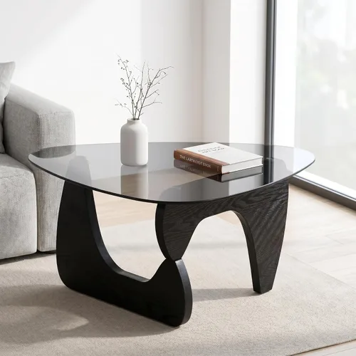 Miniatura 7 de LukeAlon Mesa auxiliar triangular moderna color negro y gris, parte superior de vidrio templado y base de madera, mesa auxiliar geométrica abstracta