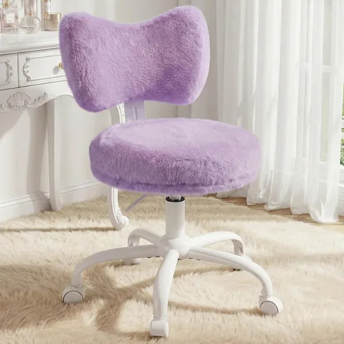 Homkdom Silla de tocador con ruedas, bonita silla de escritorio con respaldo de lazo, silla de oficina pequeña de piel de conejo sintética esponjosa