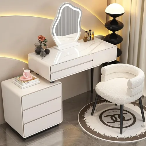 Miniatura 8 de Escritorio de tocador con luces, tocador de maquillaje con espejo, tocador con cajón grande, 3 modos de iluminación de brillo ajustable, juego