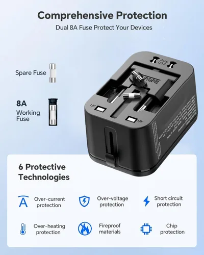 Miniatura 5 de Adaptador de viaje, VCOO Universal todo en uno Todo el Mundo Viaje Adaptador de alimentación, Negro