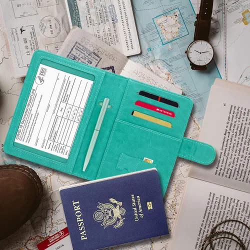 Miniatura 5 de RSAquar Combo de portatarjetas de pasaporte y vacunación, funda de pasaporte, funda de cuero para tarjetas de viaje, accesorios con bloqueo RFID
