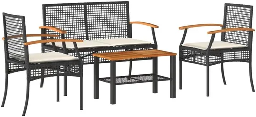 Miniatura 2 de Ensemble Salon de Jardin Noir et Crème 4 Places avec Coussins, Table Banc en Rotin Synthétique Résistant aux UV Pour Terrasse, Balcon, Jardin