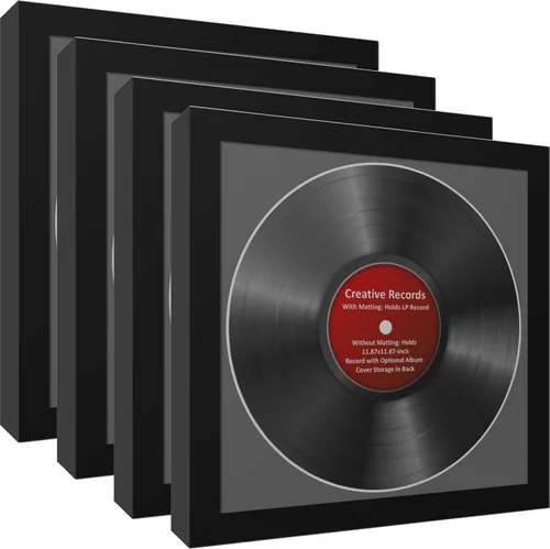 Creative Picture Frames 4Pk-Lp12.5X12.5Bk-B Lp - Marco para álbum de vinilo con paspartú negro, inserto de disco Lp, vidrio y colgador de pared