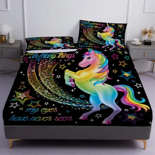 Miniatura 5 de Juego de 2 sábanas ajustables de unicornio tamaño individual, sábanas individuales para niños, juego de sábanas ajustables y fundas de almohada