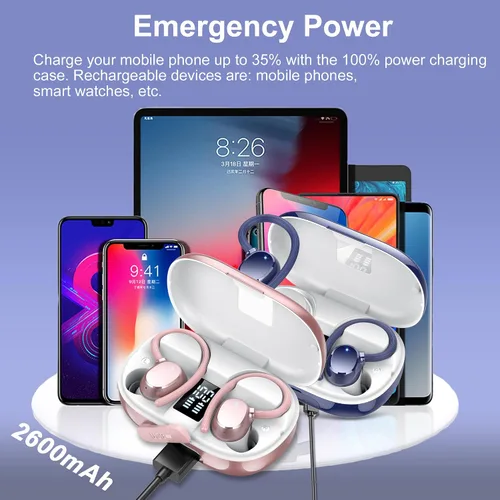 Miniatura 6 de hadbleng Auriculares inalámbricos con Bluetooth con pantalla digital LED de 128 horas de reproducción, gancho sobre la oreja con micrófono, sonido