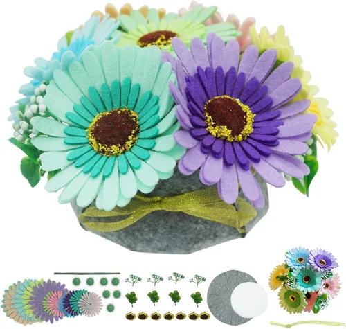 BAZIMA Kit de manualidades de flores de fieltro, kit de ramo de girasol y crisantemo, 7 flores de fieltro, regalos florales, kit de manualidades