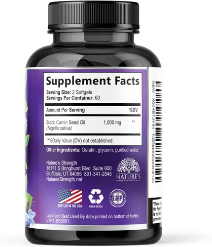 Miniatura 9 de Cápsulas de aceite de semilla negra, 1000 mg por porción, el mejor aceite de semilla de comino, aceite de semilla negra pura de Nigella sativa