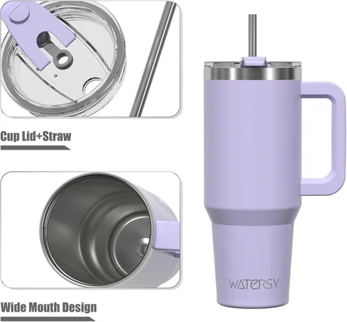 Miniatura 9 de Vaso de 20 oz con asa, vaso con tapa y pajita, vaso de doble pared con aislamiento de acero inoxidable para viajes (frío durante 34 horas), botella