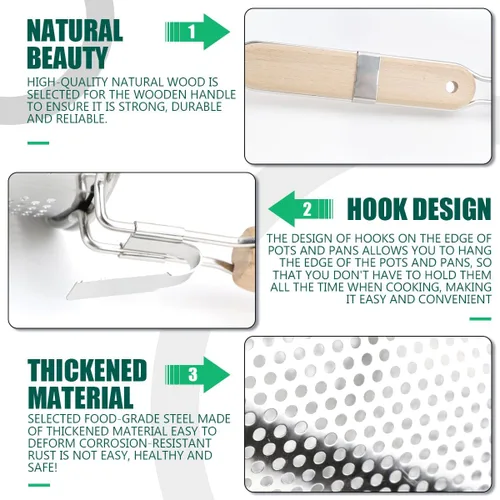 Miniatura 3 de Colador de cocina multiusos de acero inoxidable con mango de madera, colador de cocina para colar, freír, cocinar al vapor y cocinar (7.1 in)