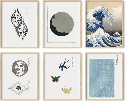 Miniatura 55 de HAUS AND HUES Arte abstracto para pared, juego de 6 arte moderno japonés para pared, decoración de pared estética, póster de mariposa y luna, obra