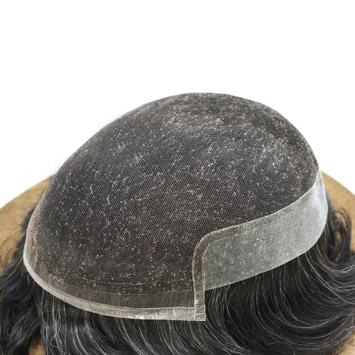 Miniatura 4 de Tupé de encaje suizo para hombres, piezas de cabello humano real, encaje frontal, sistema de reemplazo de cabello tipo tupé, nudo blanqueado, línea