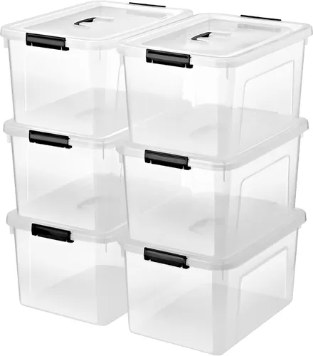 Contenedores de almacenamiento de plástico de 19 cuartos de galón con tapas, paquete de 6 cajas organizadoras apilables transparentes con asa