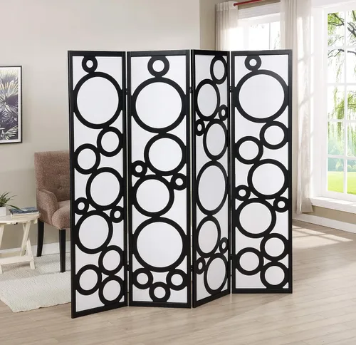 Roundhill Furniture Arvada - Divisor de habitación de madera de 4 paneles con patrón circular, color negro