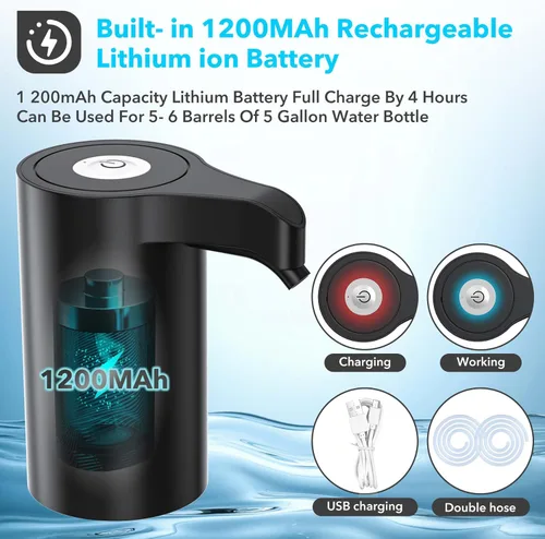 Miniatura 6 de Dispensador automático de agua portátil de 5 galones, bomba eléctrica universal para botella de agua, recargable por USB, con 2 siliconas