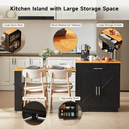Miniatura 3 de ONBRILL Islas de cocina de 76 pulgadas con mesa de comedor extensible, mesa de isla para 2-4 personas con almacenamiento de doble lado, carrito