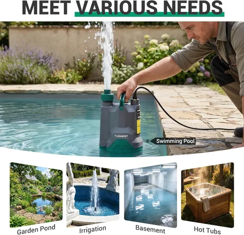Miniatura 4 de Bomba de agua sumergible eléctrica: Tlgsmust Bomba utilitaria de 1/3 HP, bomba de agua portátil eléctrica termoplástica de 2450 GPH para eliminación