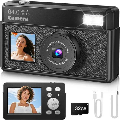 Cámaras digitales 4K para fotografía, cámara compacta de enfoque automático UHD de 64 MP con tarjeta SD de 32 GB, pantalla grande de 2.8 pulgadas y