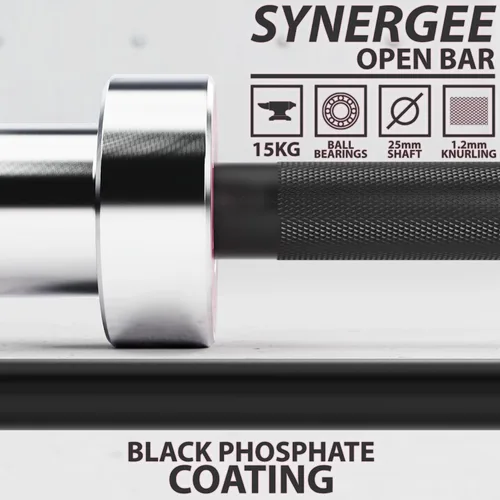 Miniatura 2 de Synergee Barra olímpica abierta de 33.1 lbs y 44.1 lbs de fosfato negro y cromado. Calificación de 1000 libras para levantamiento de pesas