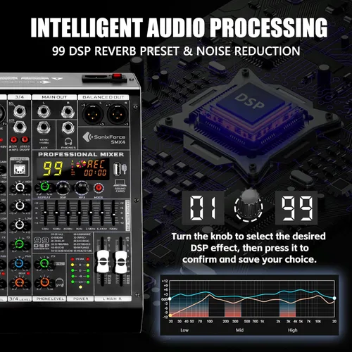 Miniatura 8 de Mezclador de audio de 4 canales, consola de tablero de sonido 99 DSP con alimentación Phantom de 48 V, mezclador DJ profesional para podcasting