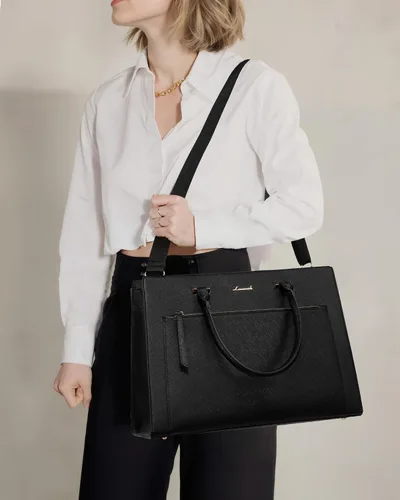 Miniatura 9 de LOVEVOOK Bolsa para laptop para mujer, bolsa de cuero de 15.6 pulgadas con soporte para tazas y embrague desmontable, maletín profesional Negro