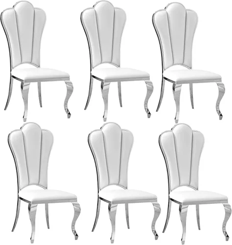 Miniatura 8 de Juego de 2 sillas de comedor de cuero, sillas de cocina tapizadas negras con respaldo alto con patas de acero inoxidable plateadas, modernas sillas