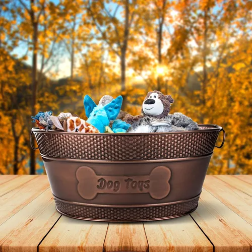 Miniatura 8 de BREKX Caja de juguetes para perros indestructible de metal - Caja de almacenamiento galvanizada de cobre con asas, organizador de almacenamiento