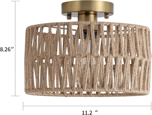 Miniatura 4 de Accesorio de Lámpara de Techo Empotrada Tejida en Oro Antiguo Costero, Luz de Techo Semi Empotrada Rústica Boho de Cuerda de Cáñamo Latón