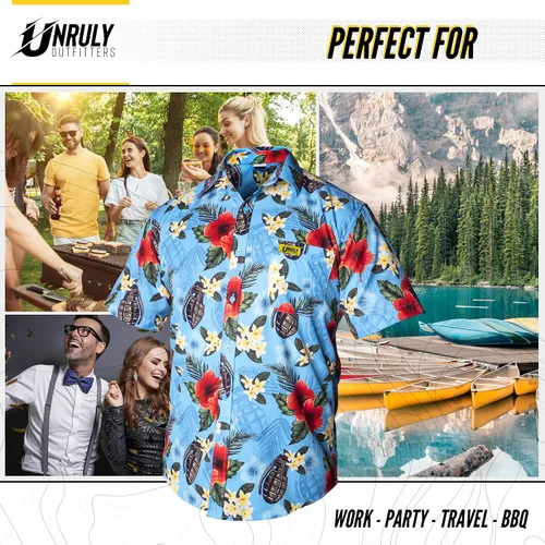 Miniatura 6 de Unruly Outfitters Camisa hawaiana para hombre, diseño de granadas azules con botones, divertidas camisas con armas de flores con pistolas