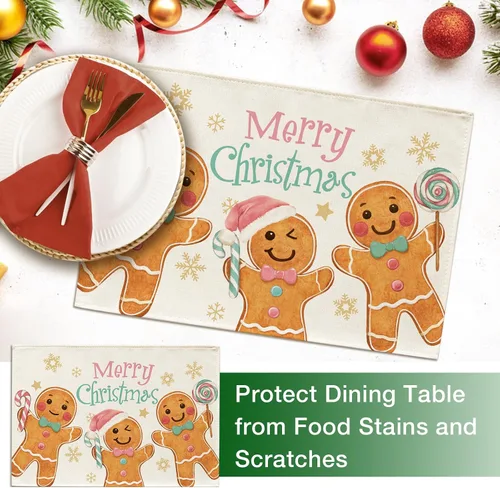 Miniatura 4 de Seliem Juego de 4 manteles individuales de hombre de jengibre con texto en inglés "Merry Christmas" con diseño de muñeco de jengibre, color rosa